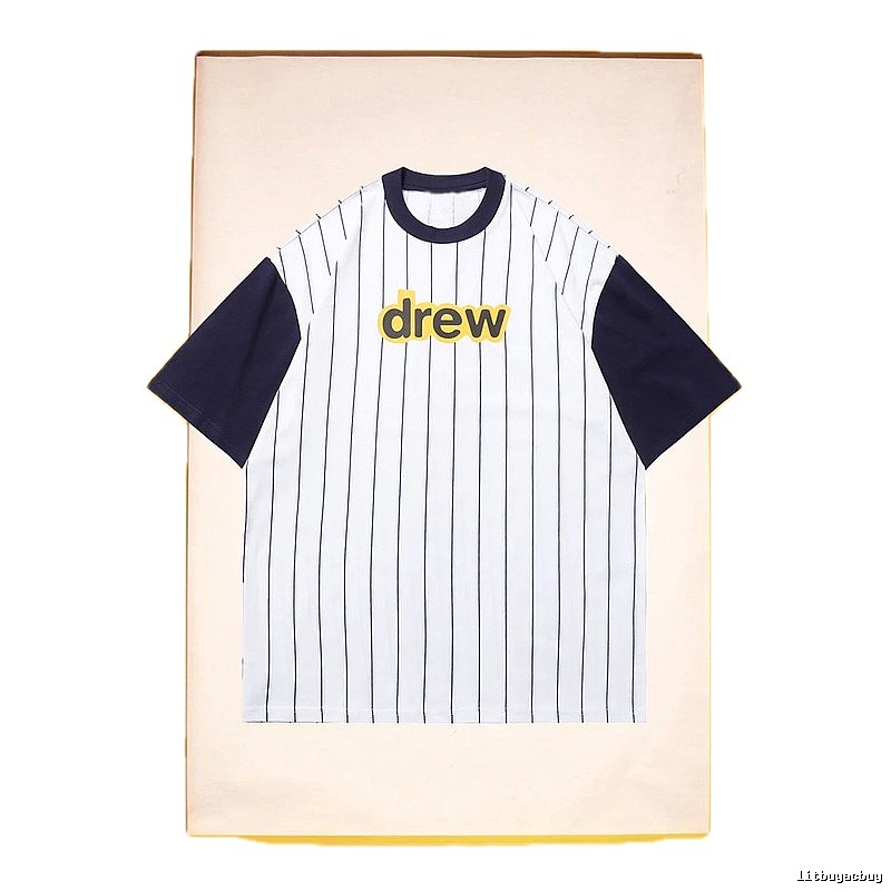 DREW Letter Print Street Style White and Navy Blue Short Sleeve T-Shirt