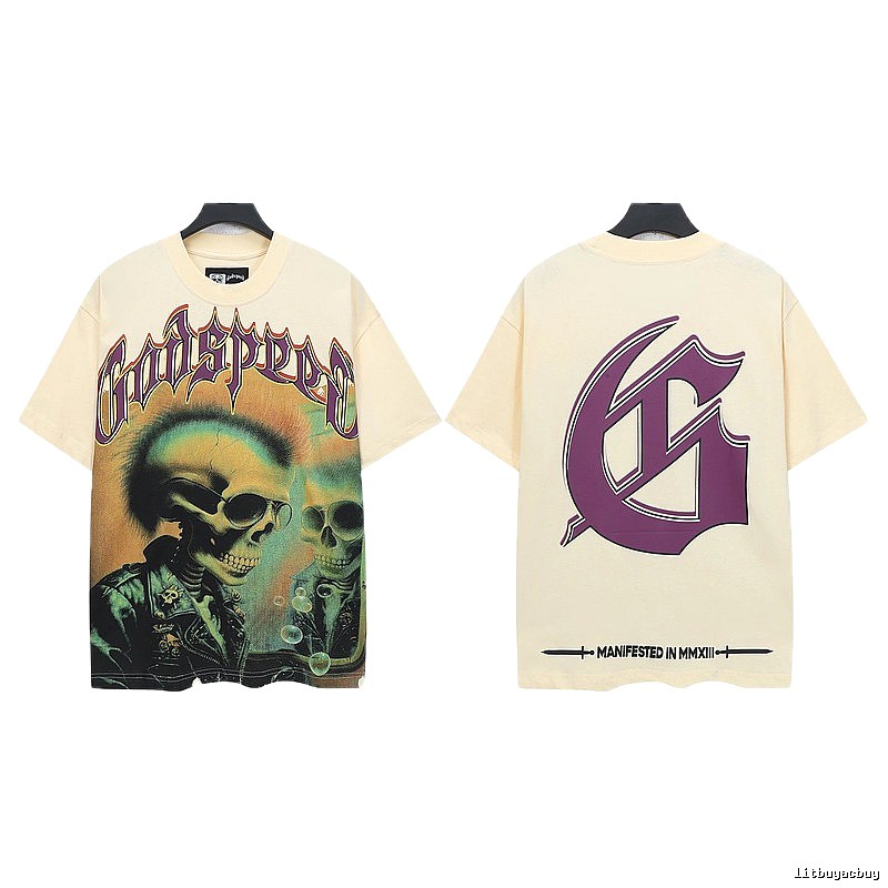 Godspeed Skull Print Gothic Style Beige Short Sleeve T-Shirt