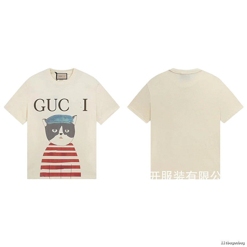 Gucci Cat Print Vintage Style Off-White T-Shirt