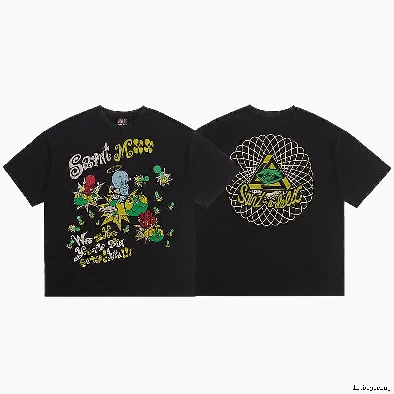 SAINT Cartoon Graffiti Street Style Black T-Shirt
