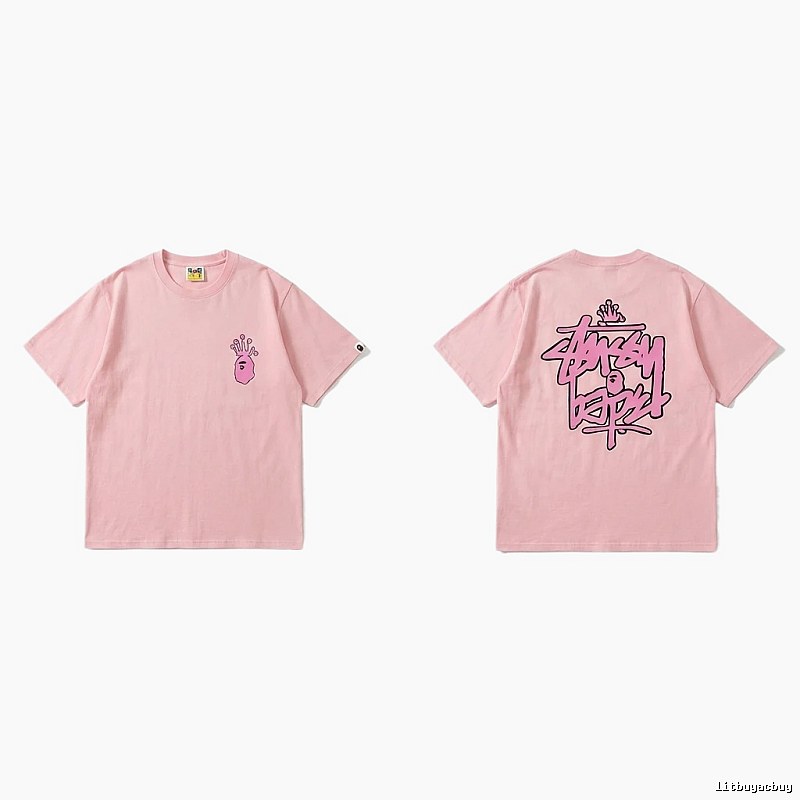 Bape Crown Print Trendy Cool Pink T-shirt