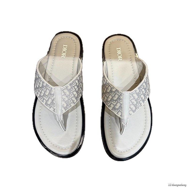 Dior Oblique Collection Light Luxury Style Light Gray Flip-Flops