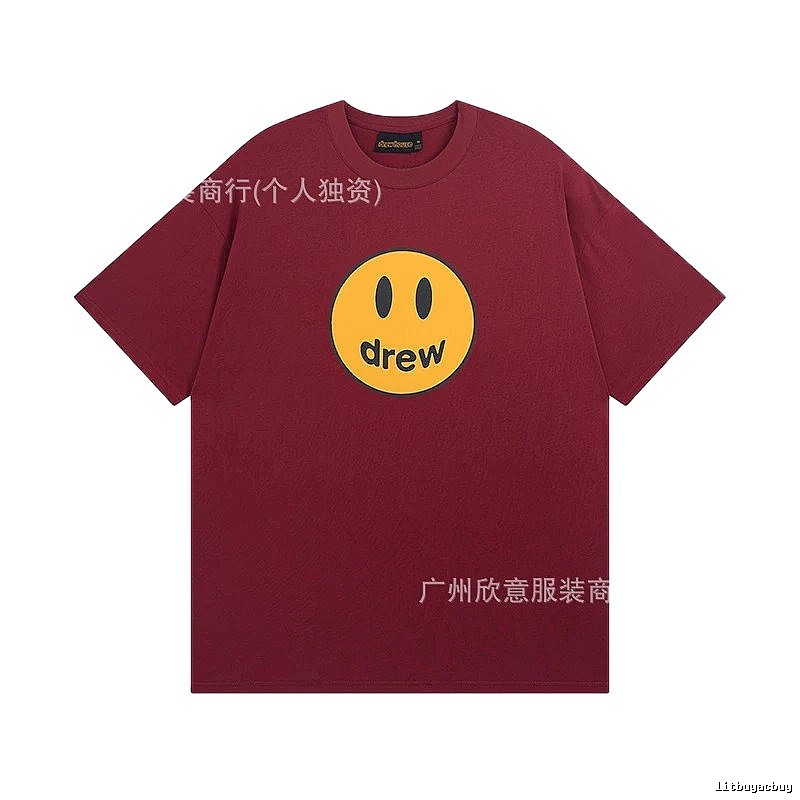 DREW Smiley Face Streetwear Style Burgundy Short Sleeve T-Shirt