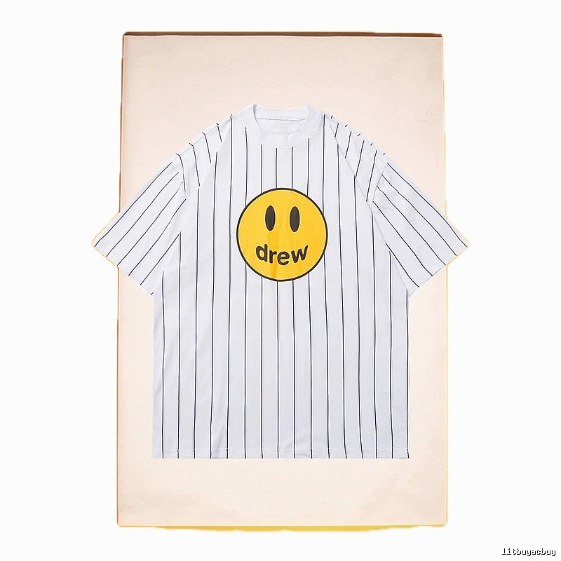 DREW Smiley Series Street Style White Striped Short Sleeve T-shirt