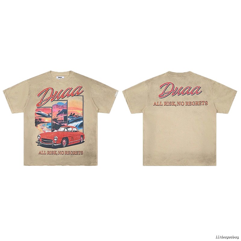 DUAA American Retro Sports Car Print Khaki T-shirt