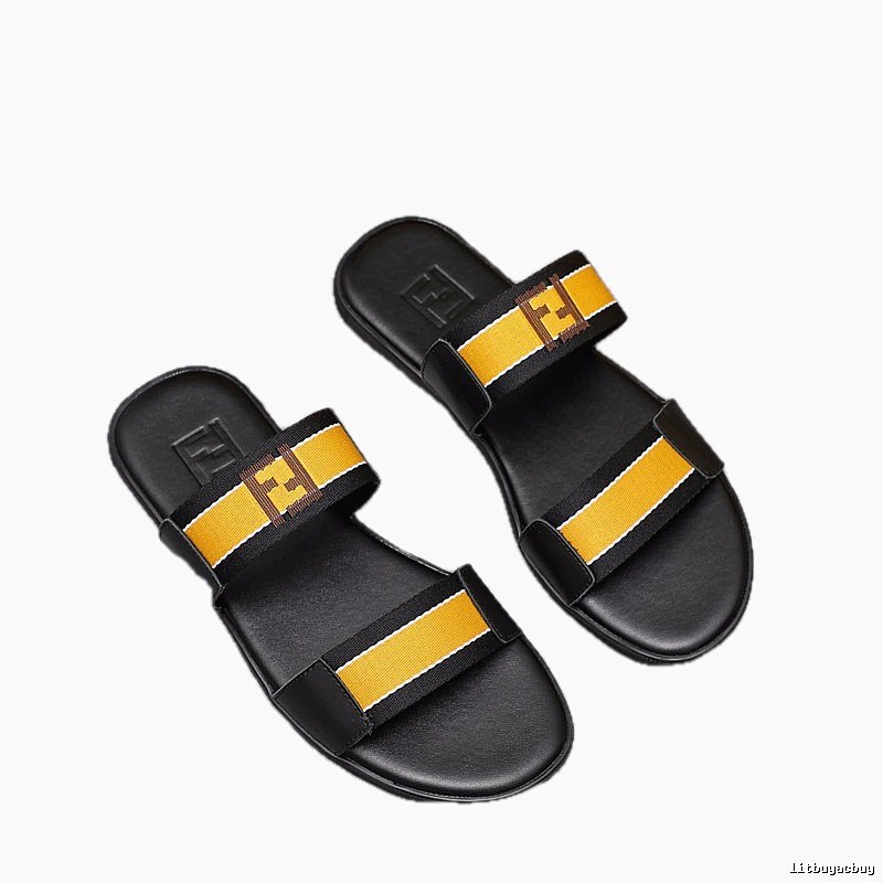 Fendi FF Collection Light Luxury Style Black and Yellow Slide Sandals
