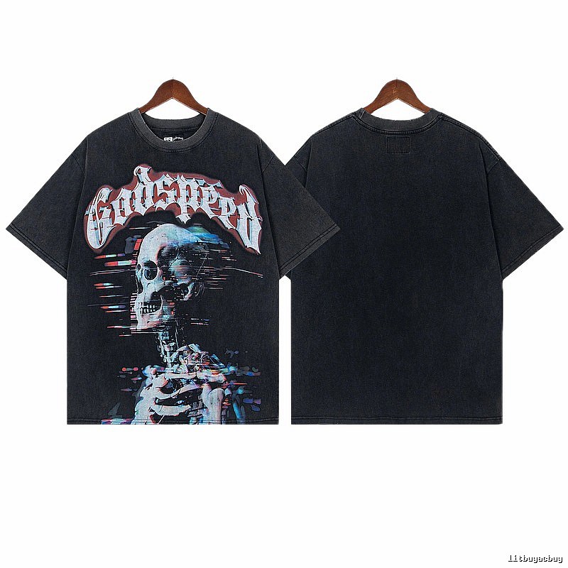 Godspeed Skull Print Street Style Distressed Black T-Shirt