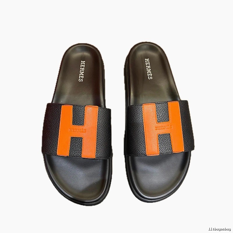 Hermès H Collection Light Luxury Style Black and Orange Color-block Slide Sandals