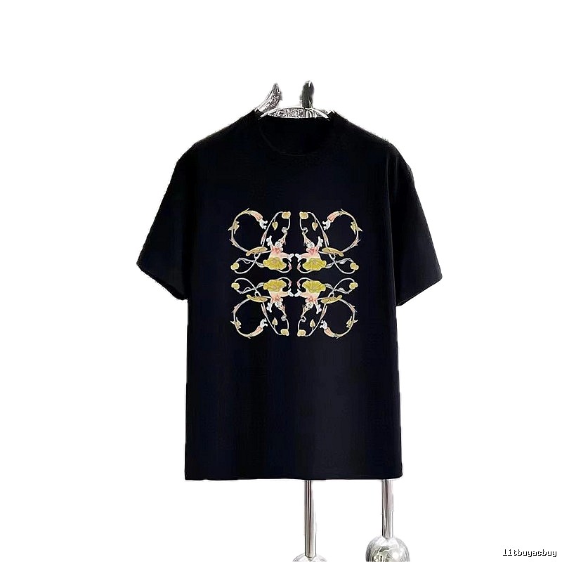 LOEWE Floral Print Casual Style Black T-Shirt