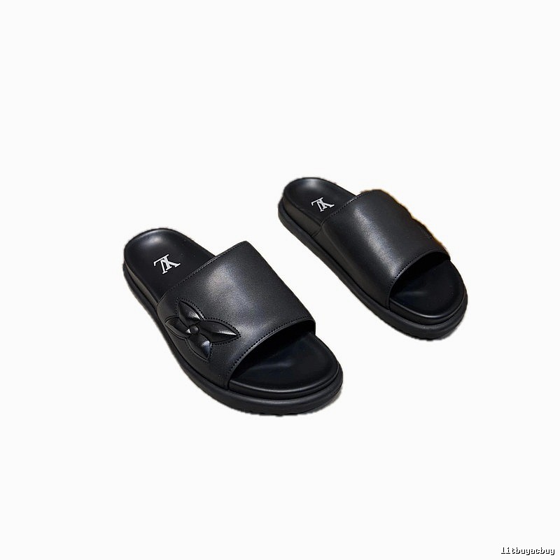 Louis Vuitton Classic Embossed Minimalist Style Black Slide Sandals