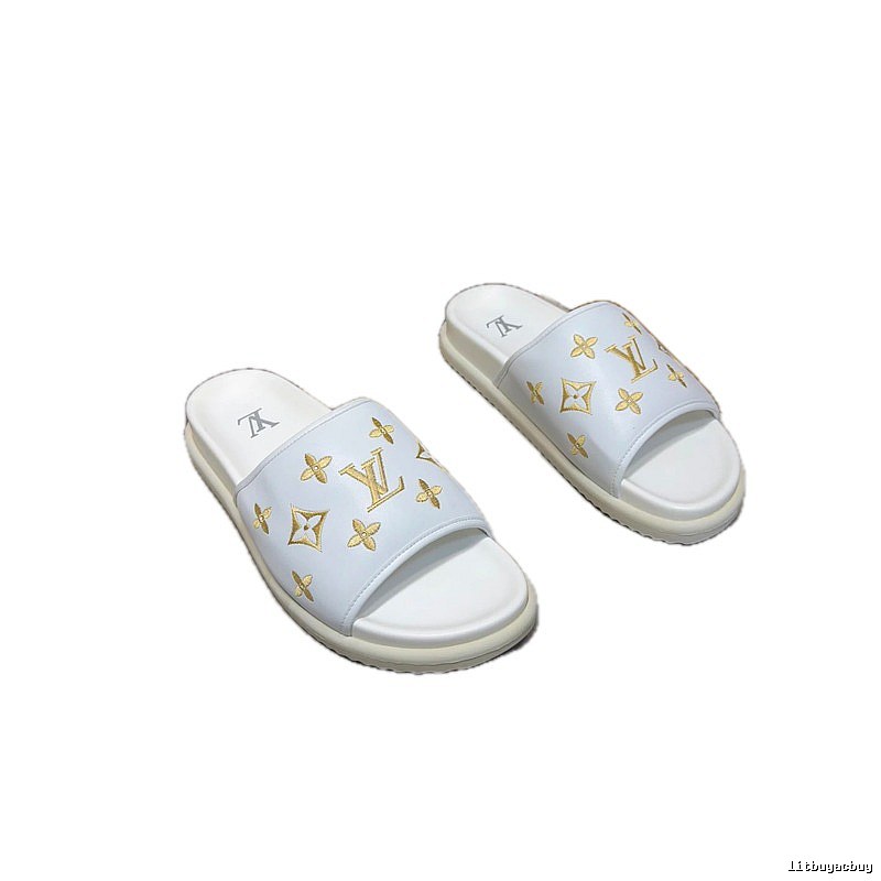 Louis Vuitton Embroidered Monogram Light Luxury Style White Slides