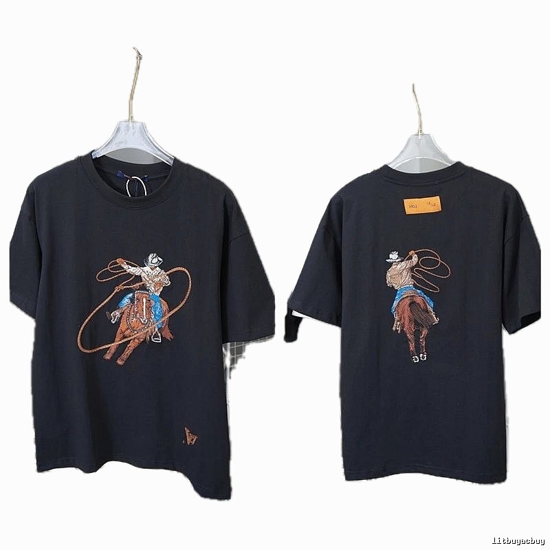 Louis Vuitton Vintage-style Black T-shirt with Denim Embroidery