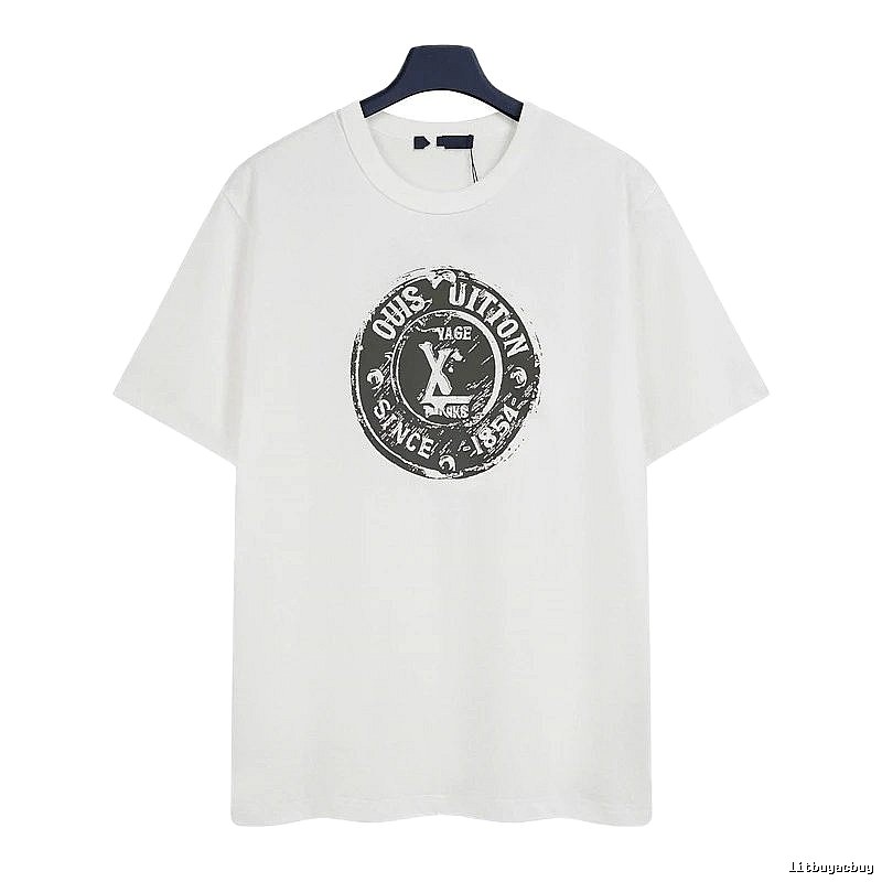 Louis Vuitton Vintage-style Distressed Stamp Print White T-Shirt