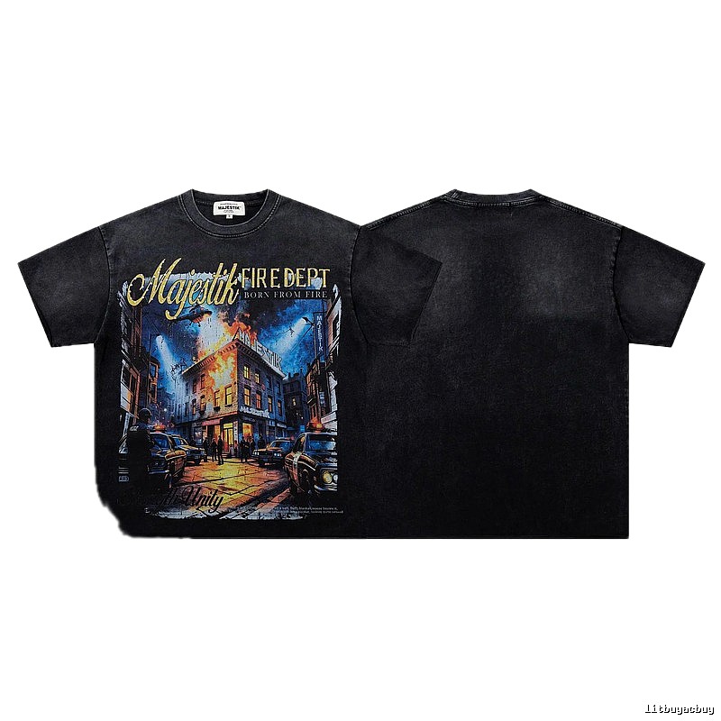 MAJESTIK Fire Department Vintage Distressed Black Printed T-shirt