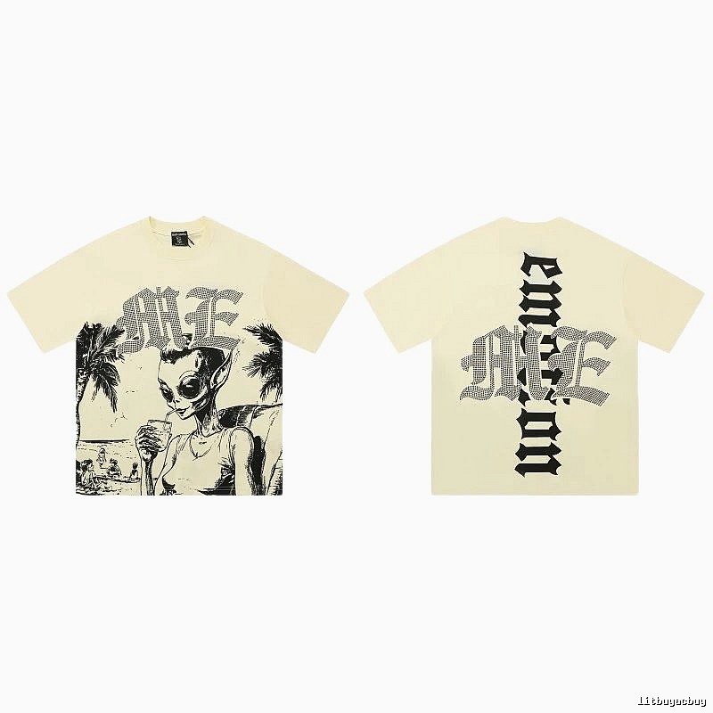Mixed Emotion Alien Print Street Style Beige T-Shirt