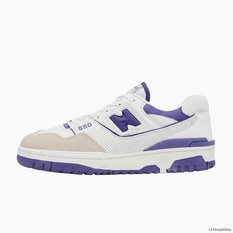 New Balance 550 retro style white and purple shoes