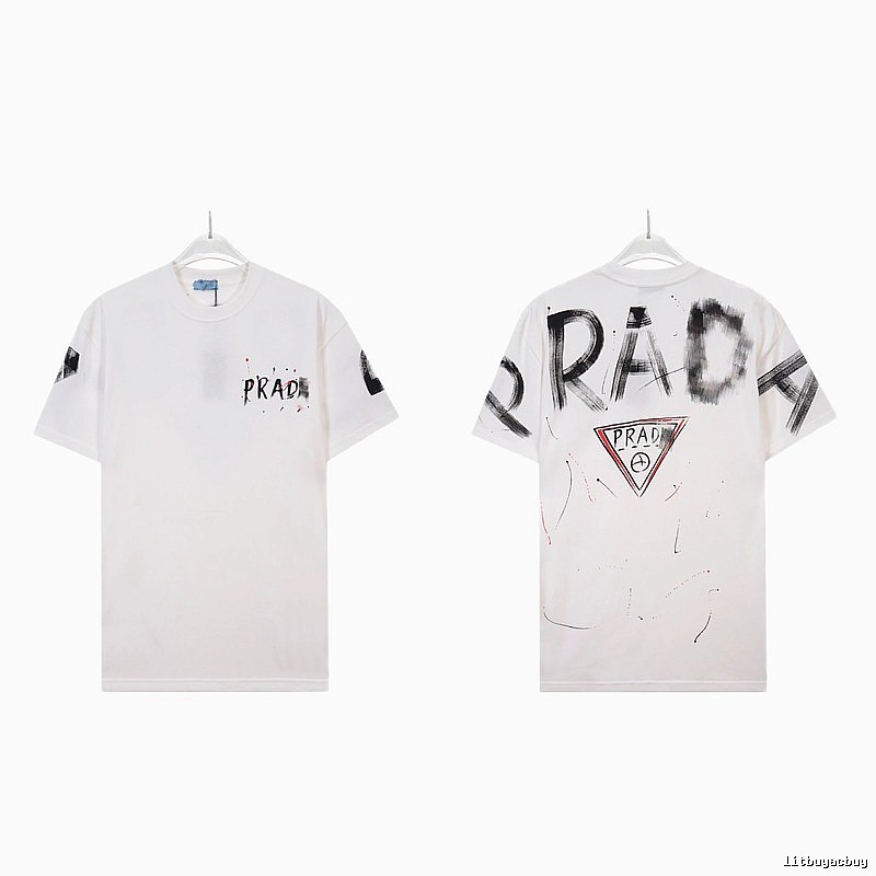 Prada Triangle Logo Graffiti Street Style White Short-sleeve T-shirt