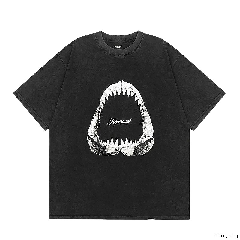 Represent Shark Print Vintage Style Black T-Shirt