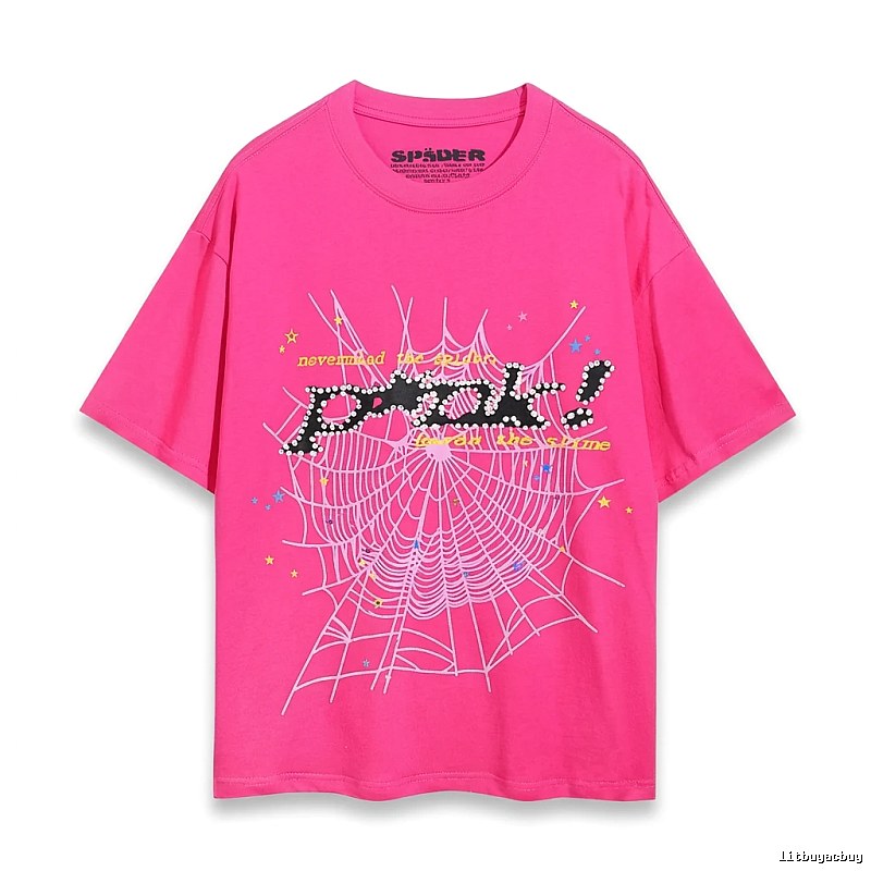 Sp5der Spider Web Print Trendy and Cool Rose Red T-shirt