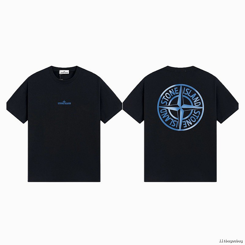 Stone Island Compass Print Street Style Black Short Sleeve T-shirt