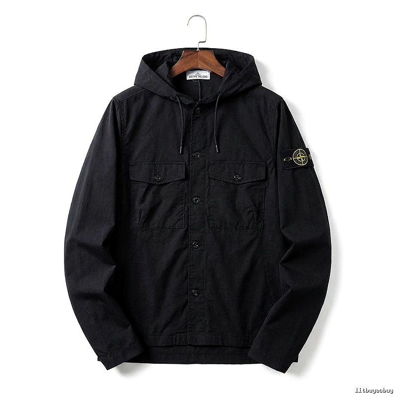 Stone Island Workwear Style Black Hooded Coat