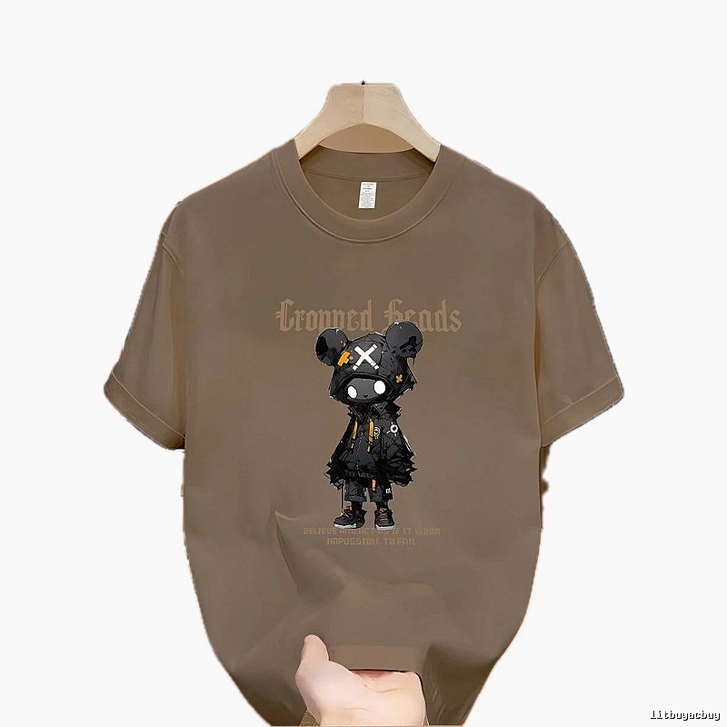 Streetwear Street Style Violent Bear Print Khaki Short-sleeve T-shirt