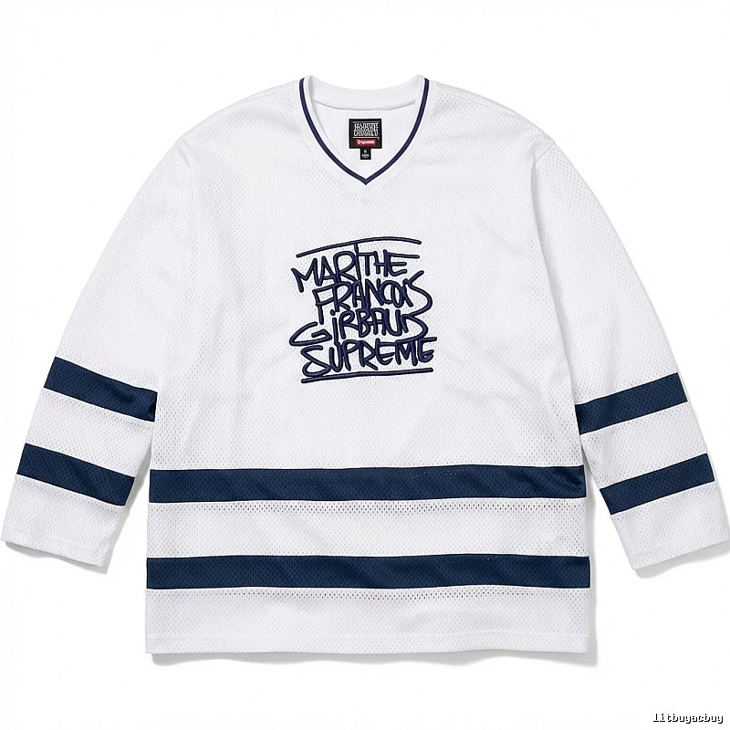 Supreme graffiti-style white and blue jersey