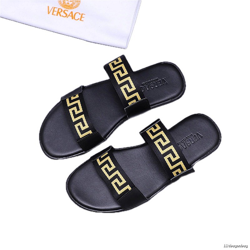 Versace Greek Key Light Luxury Black & Gold Slide Slippers