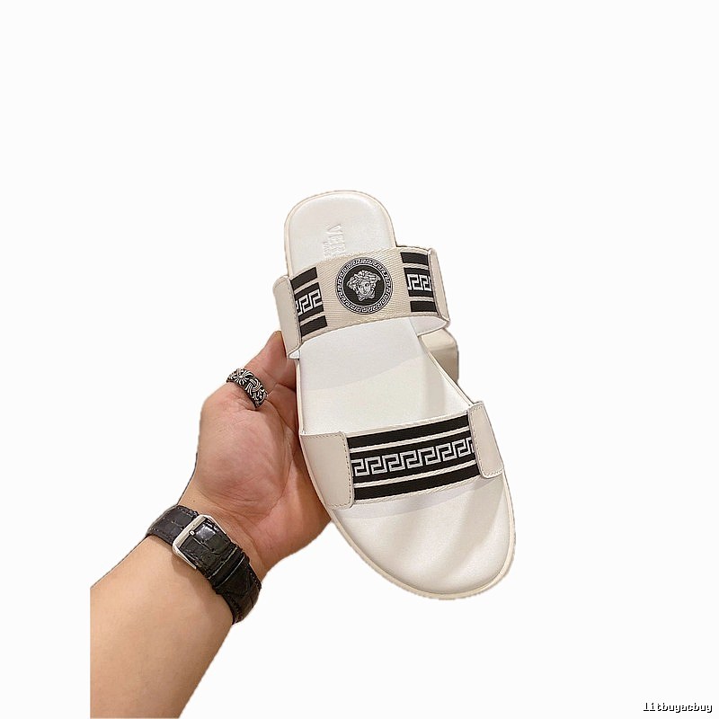 Versace Medusa Greek Key Trendy White Slide Sandals